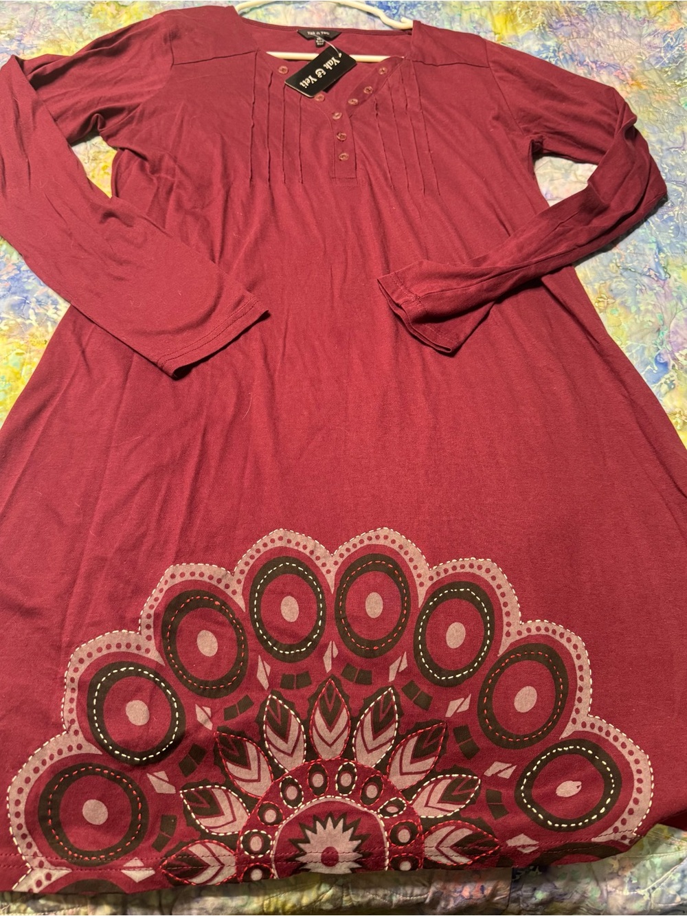 Burgundy Long-Sleeve Printed Hem Nightdress